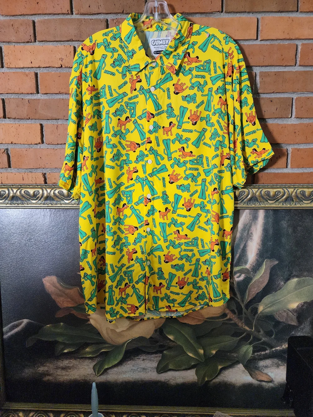 Prena Toy Co Yellow Gumby Print Short-Sleeve Button-Down Shirt XL